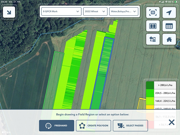 Print screen fra FieldView, der viser kørespor, hvor der kan laves regioner med frihåndstegning og polygoner